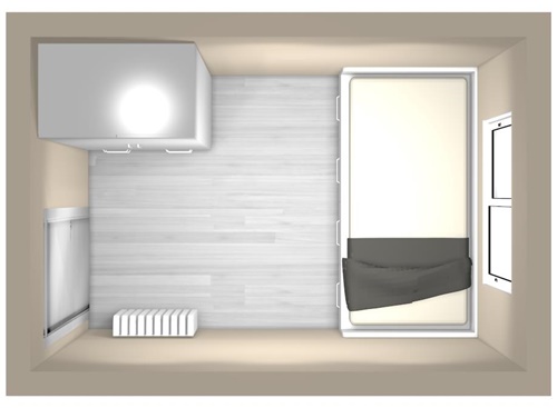diseño habitación cuadrada cama debajo ventana 2