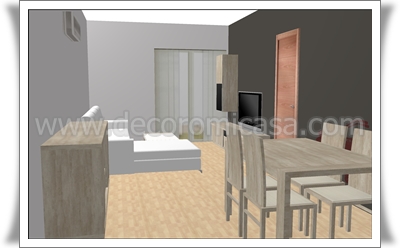 Distribución de salón con mueble de comedor en color piedra dos ambientes 2