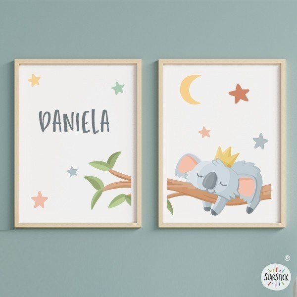 pack con 2 laminas personalizables koala durmiendo en la rama decoracion para bebe