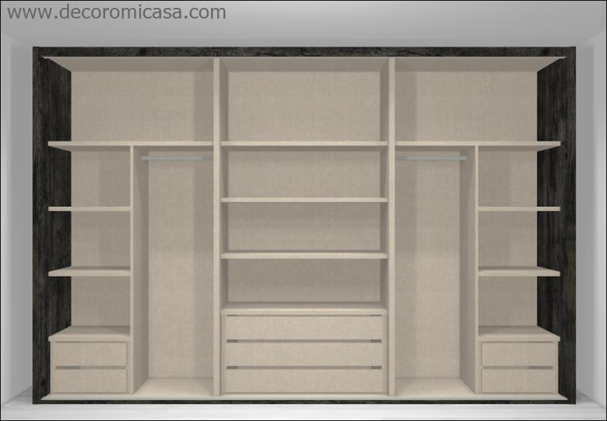 Este es tu armario ideal de entre 250 a 350 cms para colgar y doblar con cajones simétrico